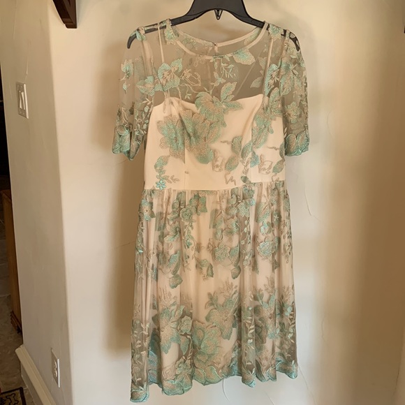 Adriana Papell Champagne and Seagreen Floral Embroidered Wedding Guest Dress - Picture 3 of 12